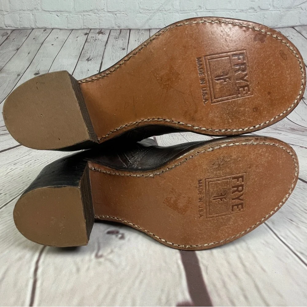 FRYE Sabrina brown leather block heel round toe campus mid boots, size 6.5 - Picture 12 of 15